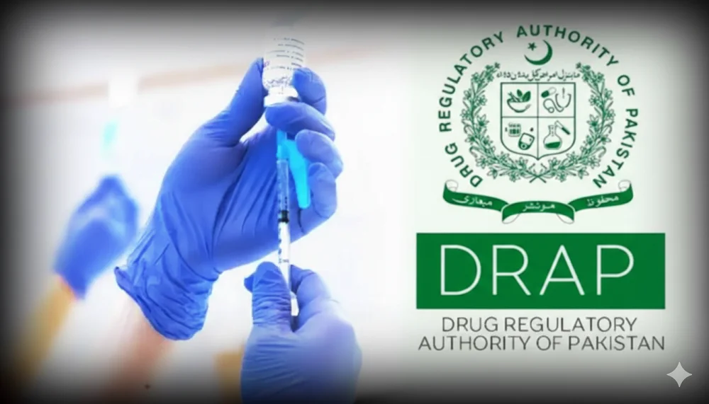 A healthcare professional drawing a vaccine into a syringe alongside the DRAP approval logo of the Drug Regulatory Authority of Pakistan.