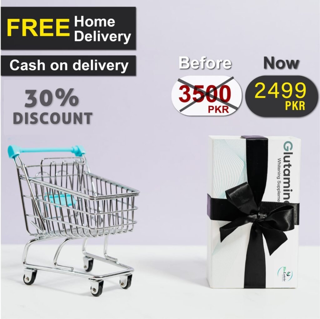 image showing Glutamin whitening supplement with 30 percent discount, free home delivery, cash on delivery, price reduced from 3500 PKR to 2499 PKR.