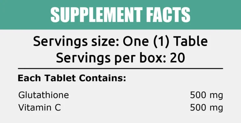 Supplement facts label showing serving size of one tablet, 20 servings per box, containing 500 mg Glutathione and 500 mg Vitamin C.