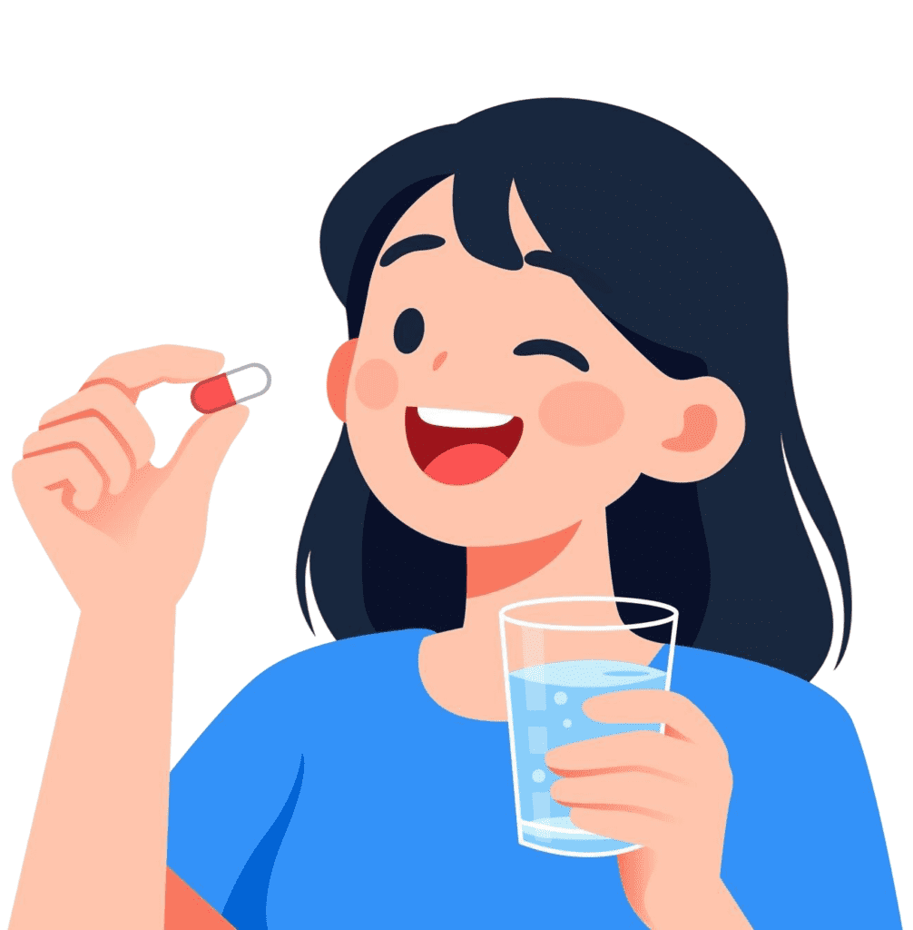 Illustration of a woman taking a tablet with a glass of water, representing daily supplement use.