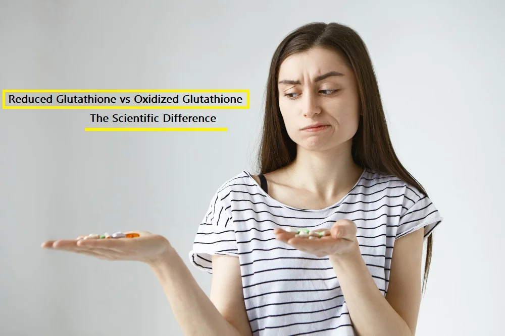 Woman in striped shirt looking uncertain while comparing supplements in both hands, with yellow text overlay reading 'Reduced Glutathione vs Oxidized Glutathione: The Scientific Difference