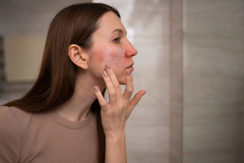Woman touching her face showing visible redness and irritation indicating sensitive skin type
