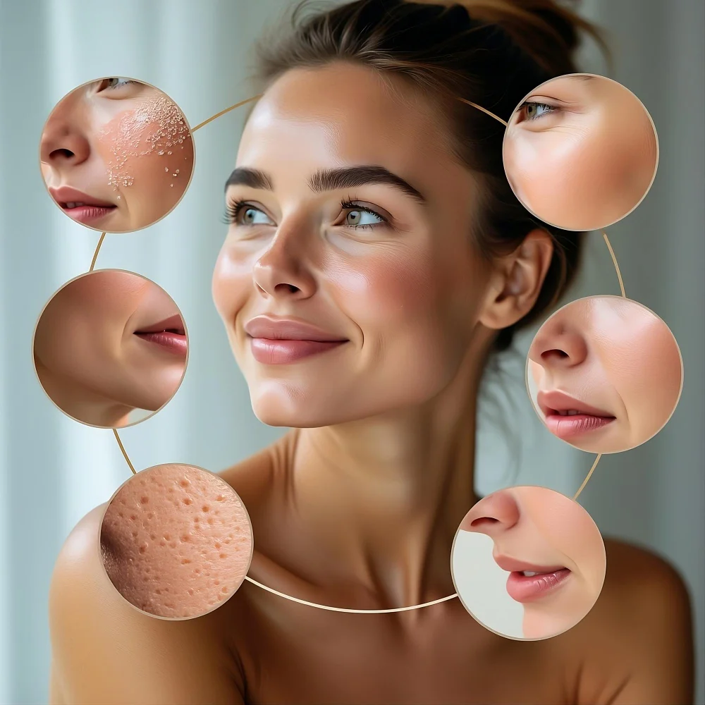 Woman's face surrounded by six magnified circles showing different skin types: oily with shine, dry with flaking, enlarged pores, smooth normal skin, and various skin textures