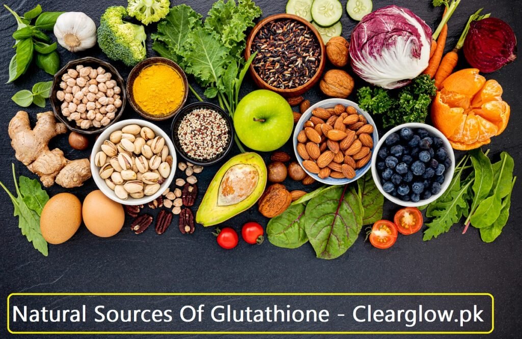 A flat-lay arrangement of glutathione-boosting superfoods mentioned in Dr. Debatri Datta’s guide, including broccoli, eggs, walnuts, spinach, and citrus fruits. These foods provide the sulfur, cysteine, and Vitamin C necessary to naturally support the body’s master antioxidant levels.