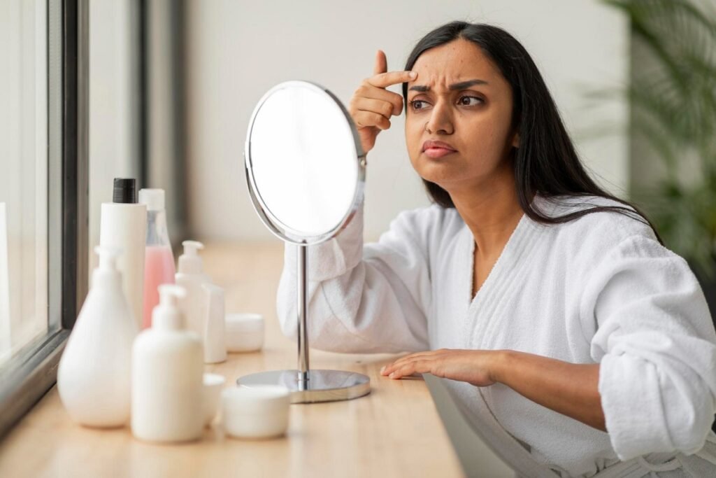 Concerned woman in white robe examining her skin tone in mirror surrounded by skin whitening tablets and skincare products showing disappointment with results