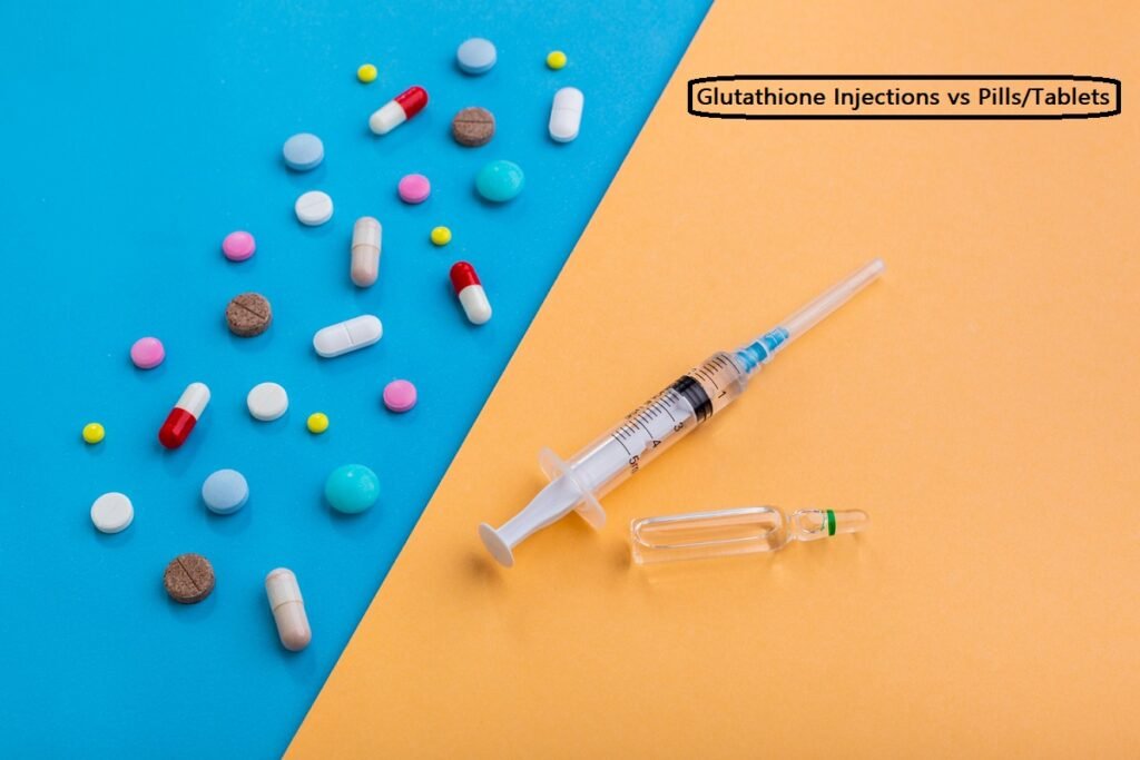 Comparison between glutathione injections and pills showing syringes and supplement bottles for skin whitening treatment in Pakistan