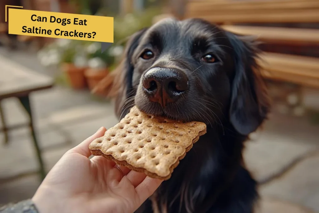 Black dog being hand-fed a cracker with text overlay reading Can Dogs Eat Saltine Crackers
