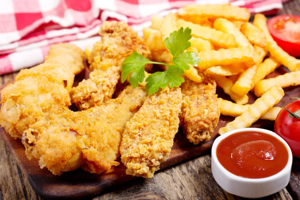 Breaded fried chicken strips and french fries served on a wooden board with ketchup and garnish