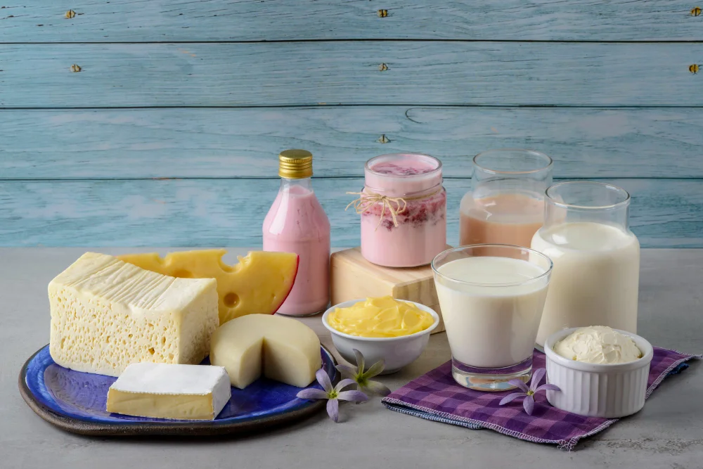 Assortment of dairy products including various cheeses, milk in glasses and bottles, yogurt, butter, and cream displayed on a blue plate and purple cloth