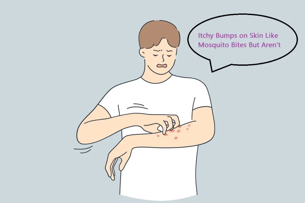 Discovering itchy bumps on skin like mosquito bites but aren't from actual insects can be concerning. However, most causes are treatable with proper identification and care. Whether you're experiencing hives, contact dermatitis, bug bites, or another condition, understanding the symptoms helps you find effective relief, person scratching red raised rash spots on the forearm showing a skin reaction.