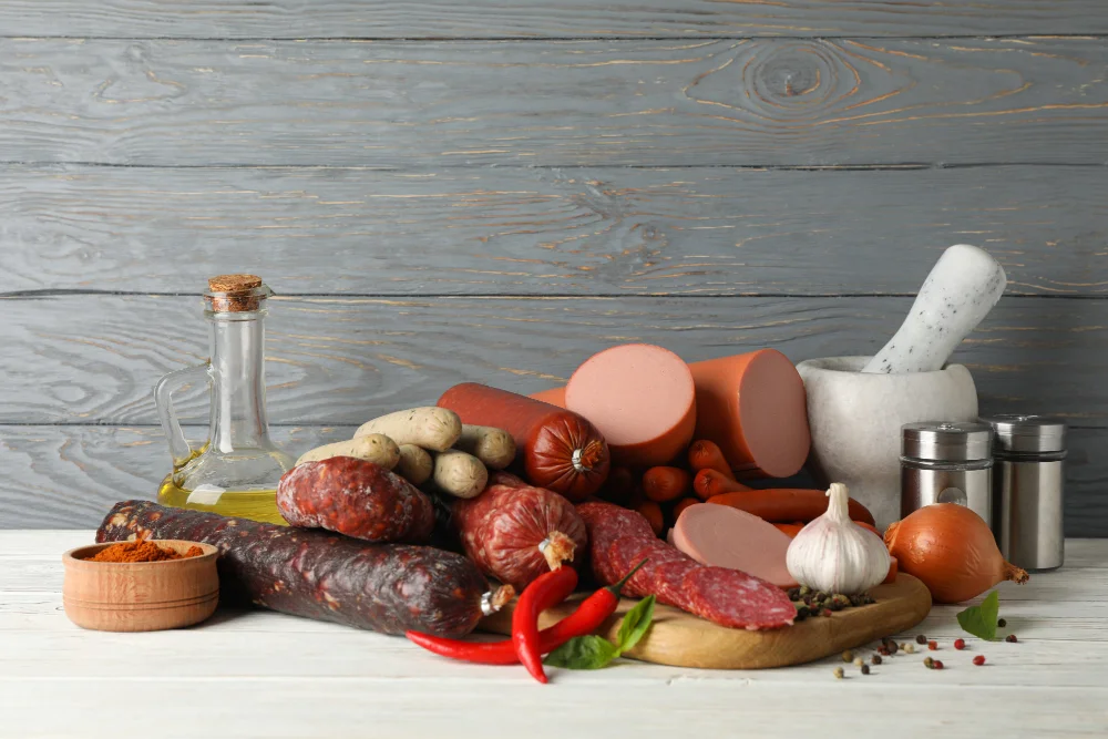 Assortment of processed meats including salami, sausages, and deli meats displayed on a wooden cutting board with spices, garlic, onion, and olive oil