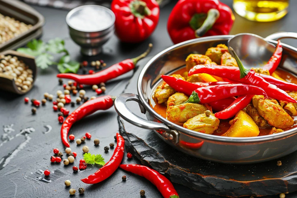Spicy curry dish in a metal pot with red chili peppers, bell peppers, and colorful peppercorns scattered around on a dark surface