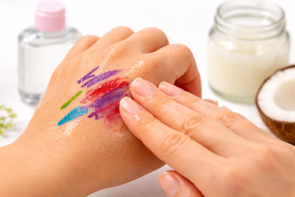 Hand with marker stains being gently treated with baby oil or coconut oil, jar of coconut oil visible, showing the gentle oil-based removal method