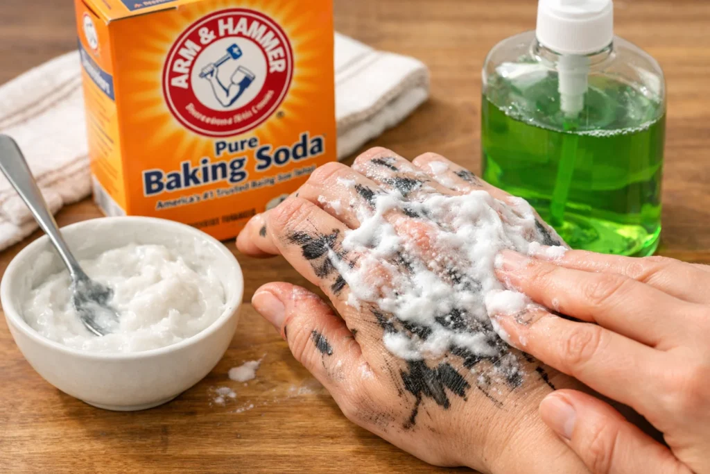 Hand with marker stains having a thick baking soda and dish soap paste applied, bowl of paste mixture with baking soda box and dish soap bottle nearby