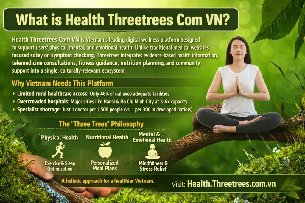 Health Threetrees Com VN wellness platform infographic showing three trees philosophy with physical health, nutrition, and mental health components