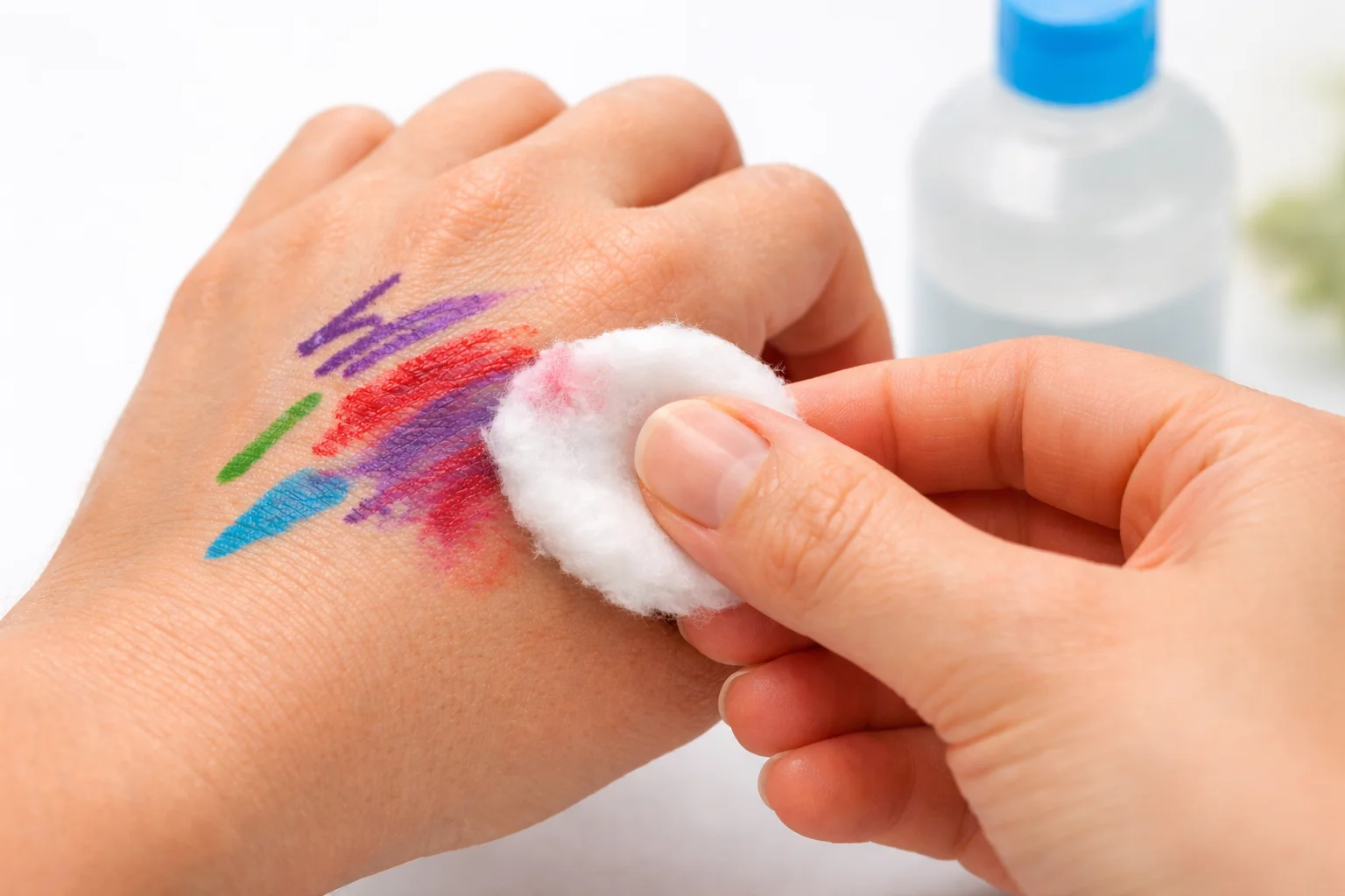 Close-up of a hand with colorful permanent marker stains being removed with a white cotton ball, demonstrating an effective marker removal method