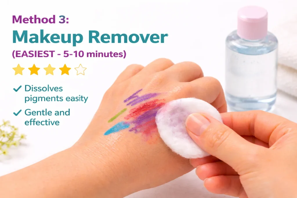 Hand with permanent marker stains being wiped with a makeup remover-soaked cotton pad, bottle of makeup remover in background