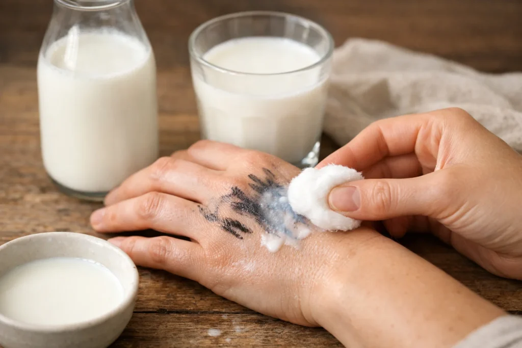 Hand with marker stains being gently treated with milk-soaked cotton ball, glass of whole milk visible, showing the gentlest natural removal method