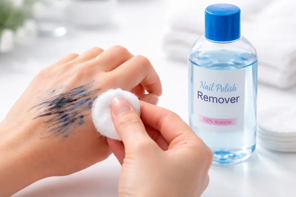 Hand with permanent marker stains being rapidly removed with acetone nail polish remover on a cotton ball, blue-capped nail polish remover bottle visible