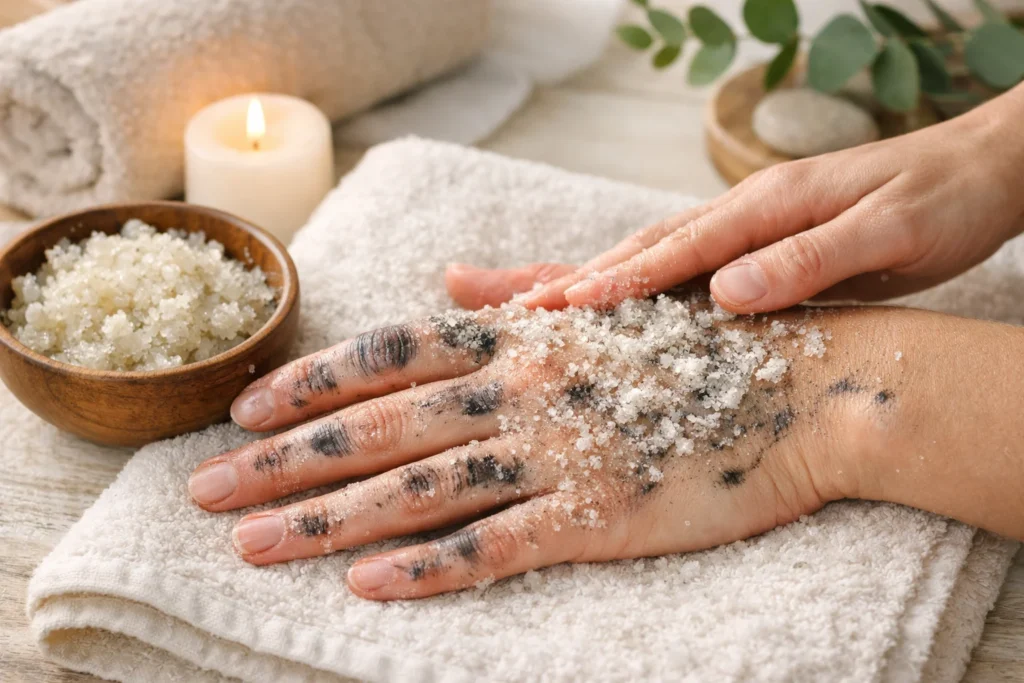 Hand with marker stains having a sea salt scrub paste gently massaged in circular motions, small bowl of salt mixture visible