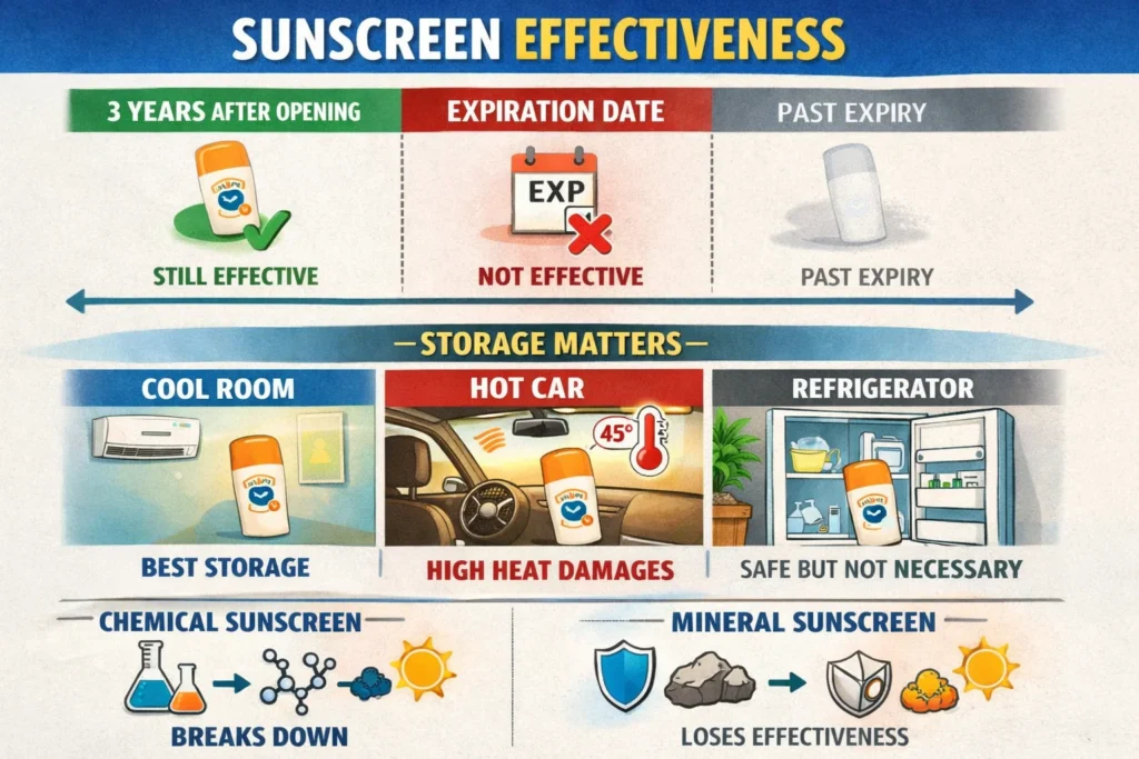 Infographic showing sunscreen effectiveness timeline: green checkmark for 3 years after opening, red X at expiration date, storage comparison icons showing cool room, hot car, and refrigerator options, with chemical and mineral sunscreen degradation indicators.