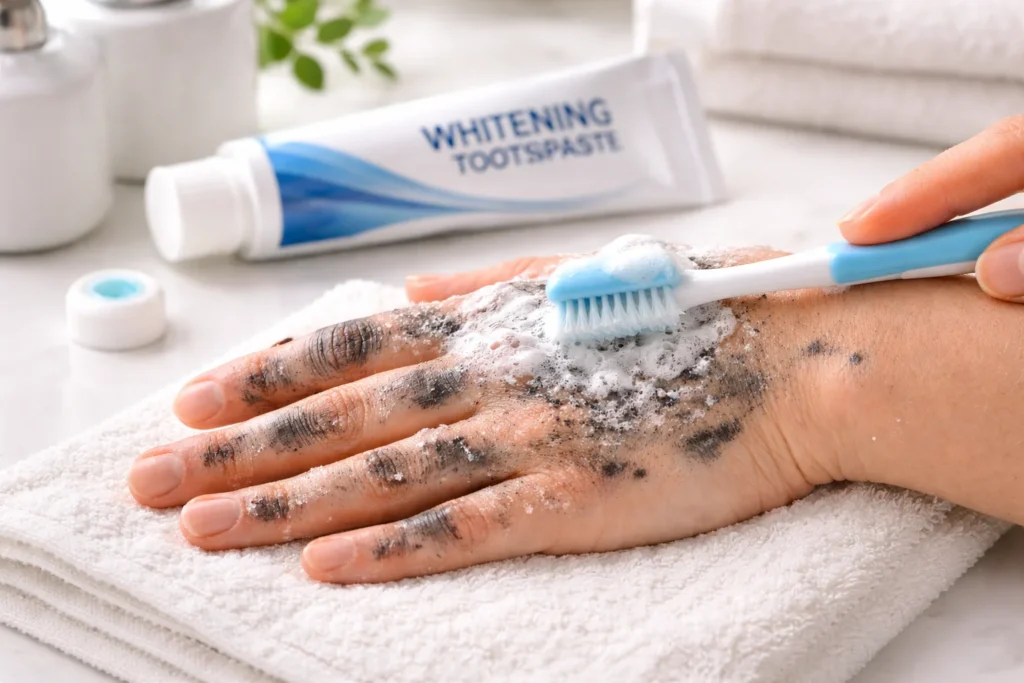Hand with permanent marker stains being treated with whitening toothpaste and a soft toothbrush, tube of toothpaste visible nearby