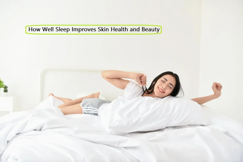 Happy woman waking up refreshed on comfortable white bedding, stretching with a bright smile, showing clear skin and radiant complexion from quality sleep