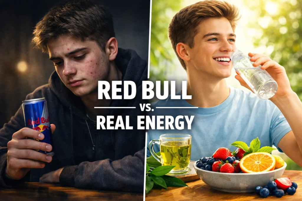 Split-screen comparison showing a stressed teenage boy with acne holding a Red Bull can on the left, and the same boy healthy and smiling with water and fresh fruit on the right, labeled "Red Bull vs. Real Energy"