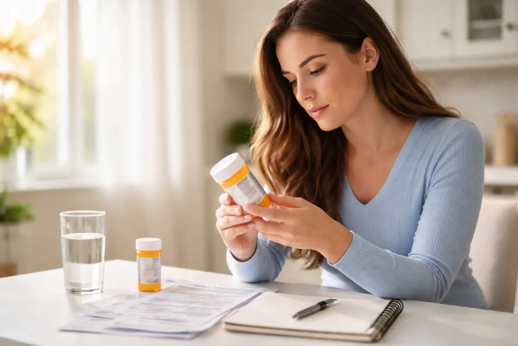 Young woman sitting at a kitchen table carefully reading a prescription medication label, with paperwork and a notebook beside her in natural window light, showing safe medication use for her skin