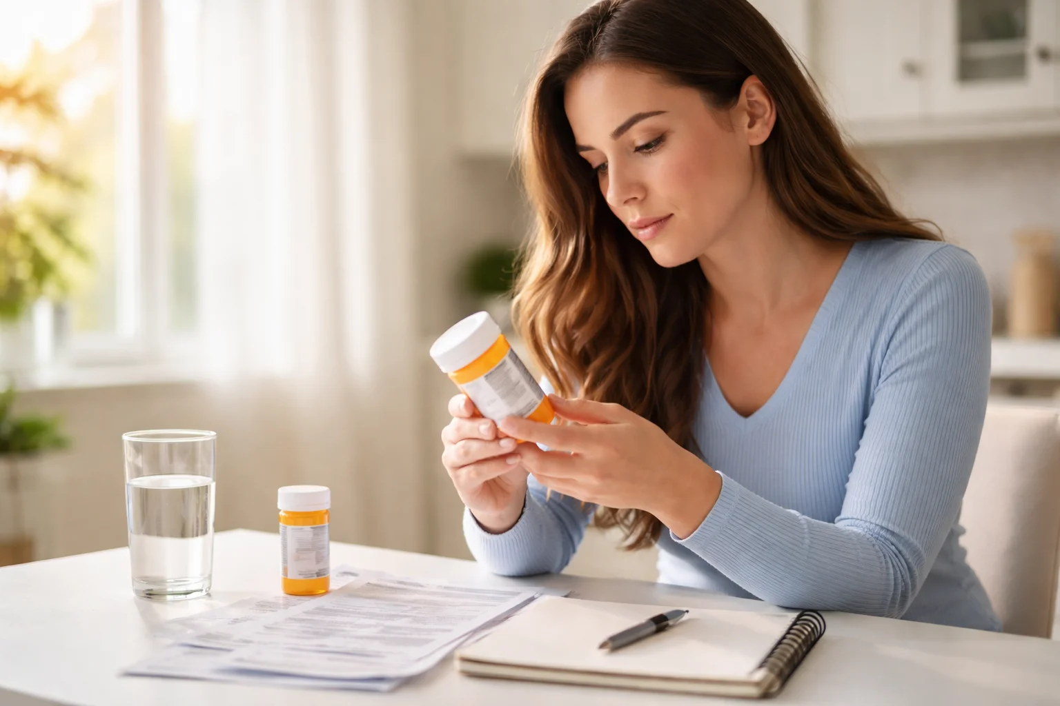 Young woman sitting at a kitchen table carefully reading a prescription medication label, with paperwork and a notebook beside her in natural window light, showing safe medication use for her skin