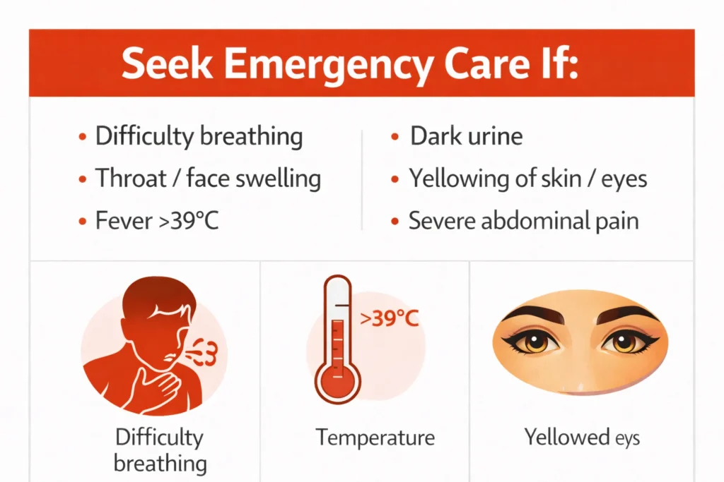 Emergency warning signs alert graphic listing symptoms requiring immediate medical attention: difficulty breathing, throat/face swelling, fever above 39°C, dark urine, yellowing of skin/eyes, and severe abdominal pain with corresponding medical icons
