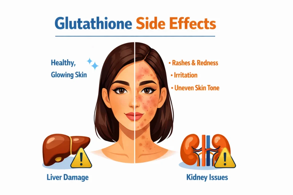 Comparison image showing healthy glowing skin on the left side of a woman's face versus skin with rashes, irritation, and uneven tone on the right side, with icons indicating liver damage and kidney issues from glutathione side effects