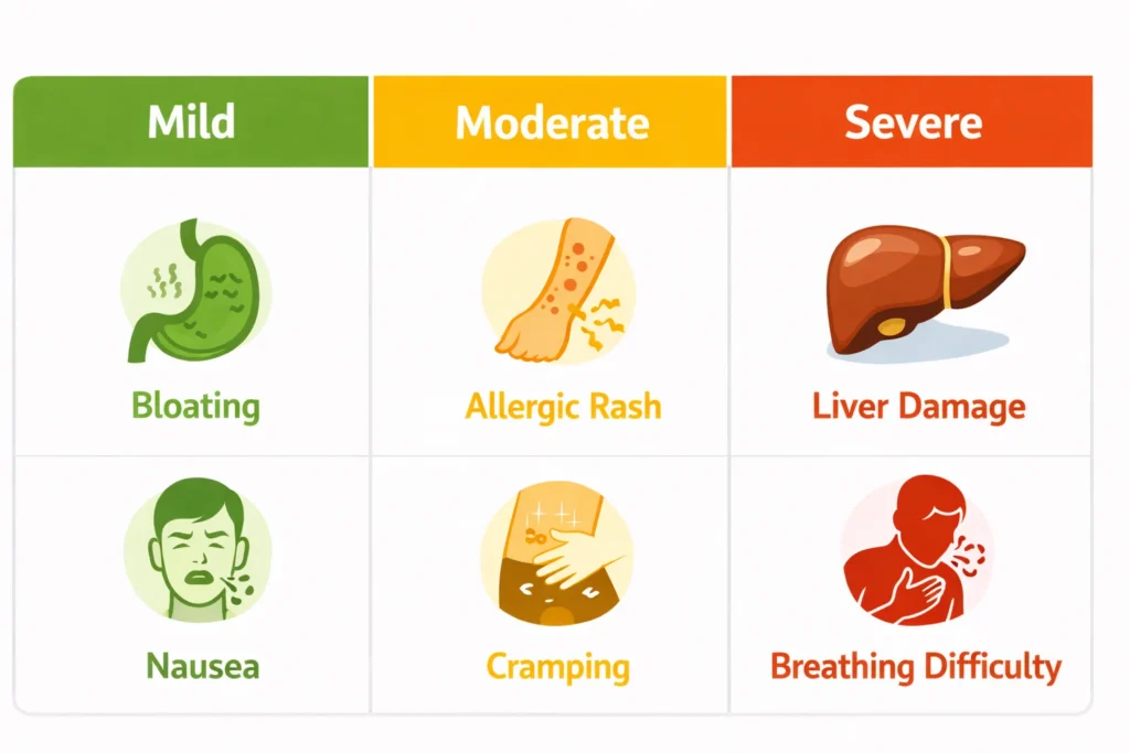 Three-column severity chart showing glutathione side effects categorized as mild (bloating, nausea), moderate (allergic rash, cramping), and severe (liver damage, breathing difficulty) with color-coded icons
