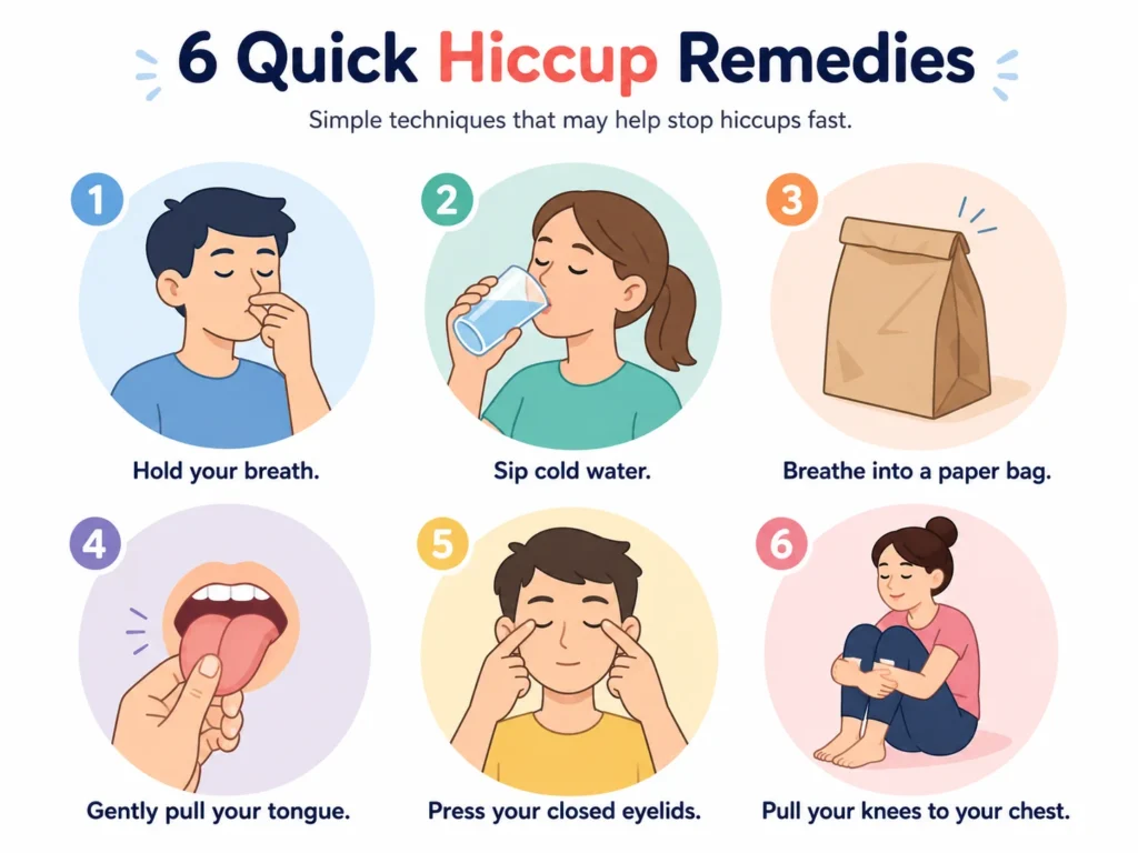 Infographic illustrating six common hiccup remedies: holding your breath, sipping cold water, breathing into a paper bag, gently pulling your tongue, pressing your closed eyelids, and pulling your knees to your chest.