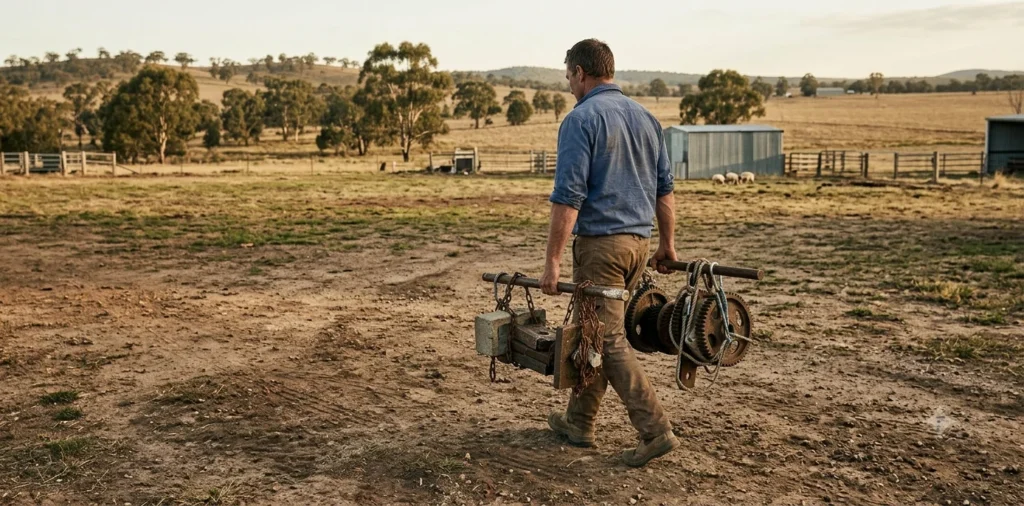 A wide shot of 6'8" strength athlete Tom Haviland from behind, carrying heavy homemade equipment made of gears and concrete blocks. He wears a blue work shirt and brown pants, walking across uneven dirt on an Australian farm during a golden late afternoon.