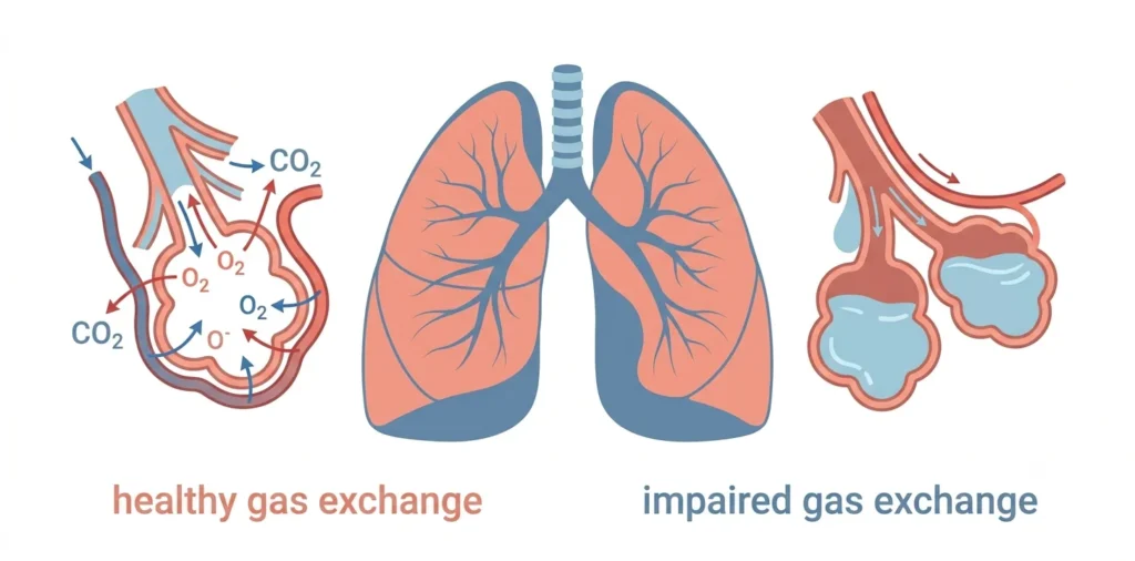 Illustration comparing healthy alveoli exchanging oxygen normally with impaired alveoli in hypoxemic respiratory failure, where fluid or collapse blocks oxygen from reaching the blood.