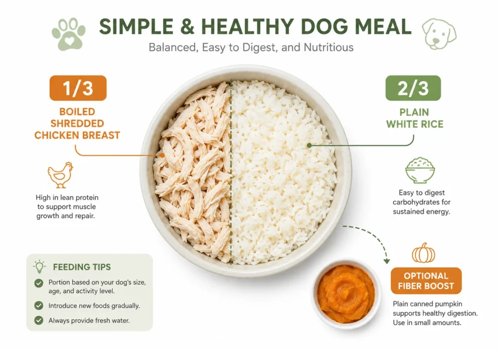 Flat infographic showing a dog bowl divided into one-third boiled shredded chicken breast and two-thirds plain white rice, with a small side of plain canned pumpkin labeled as an optional fiber boost for dogs with mild diarrhea.