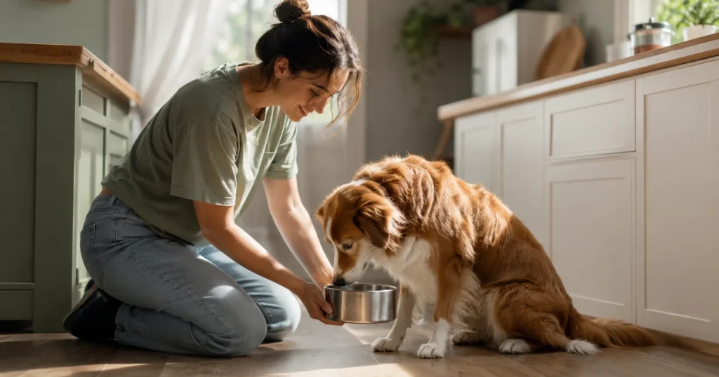 Person kneeling on a kitchen floor offering a stainless steel water bowl to a calm medium-sized dog in soft morning light, illustrating gentle home care for a dog with diarrhea.