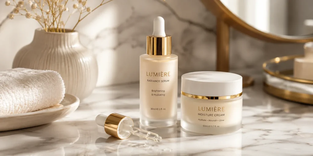 Lumière radiance serum and moisture cream displayed on a marble bathroom counter with dried flowers and a folded towel, illustrating a luxury anti-aging skincare routine