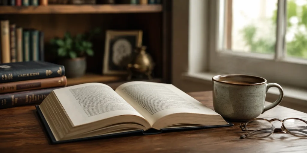 Open hardcover book on a wooden desk beside a cup of coffee and reading glasses, with a bookshelf and window light in the background, evoking quiet reflection on the book's themes