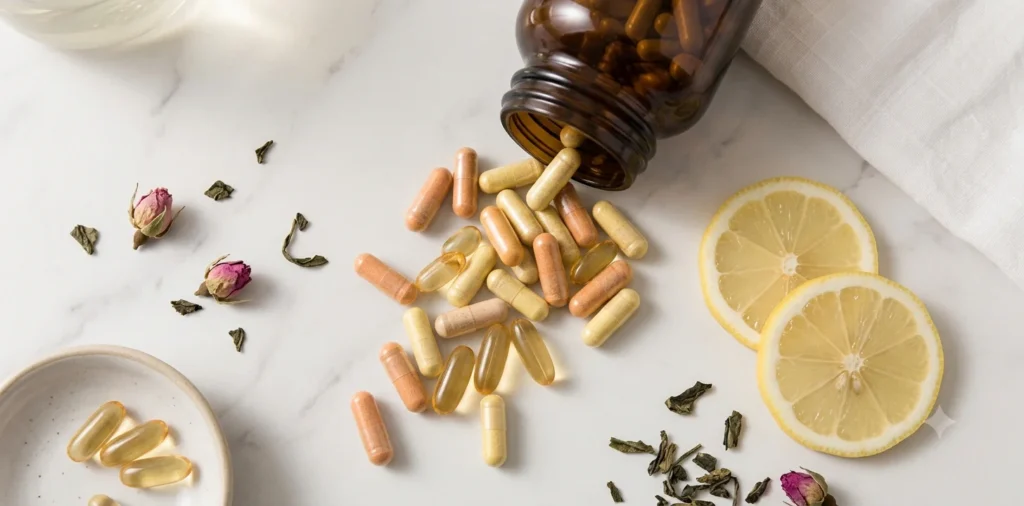 Skin care supplement capsules and softgels spilling from a glass bottle next to citrus slices and green tea leaves on a marble surface