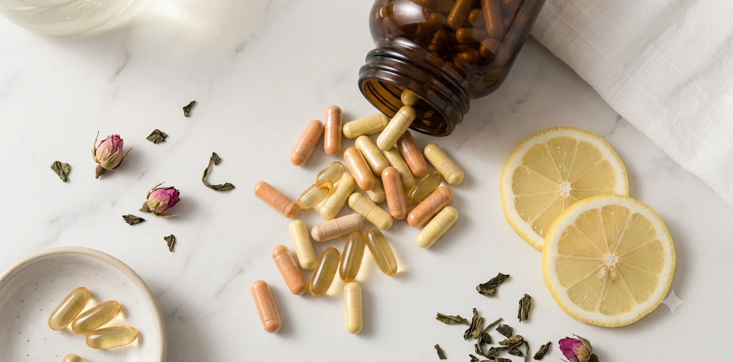 Skin care supplement capsules and softgels spilling from a glass bottle next to citrus slices and green tea leaves on a marble surface
