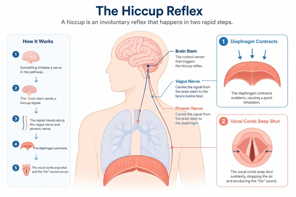 Educational diagram showing the hiccup reflex pathway, with the brain stem sending signals through the vagus and phrenic nerves to the diaphragm, followed by the vocal cords snapping shut to produce a hiccup.
