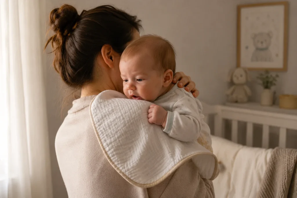 Parent gently burping a baby over their shoulder in a softly lit nursery after feeding, a common technique to help release swallowed air and ease infant hiccups.