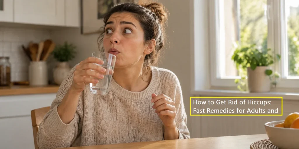 Young adult sitting at a kitchen table drinking a glass of water during a brief hiccup, illustrating a common home remedy for hiccups.
