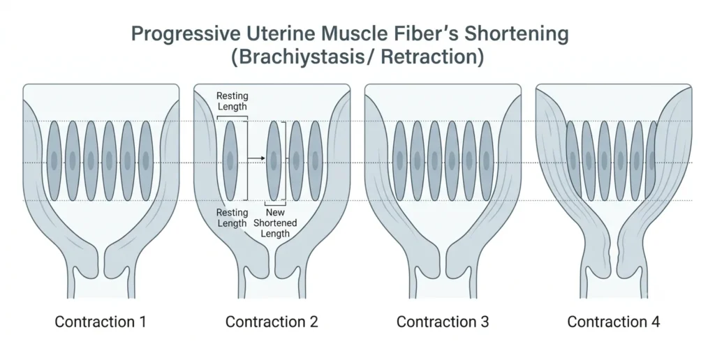 A four-panel medical diagram demonstrating brachystasis (progressive, permanent shortening) of uterine muscle fibers across four contractions. Horizontal guidelines track how the fiber shapes become shorter and thicker with each stage. The final stage shows a thickened upper segment and a thinned lower segment, illustrating birth canal formation.