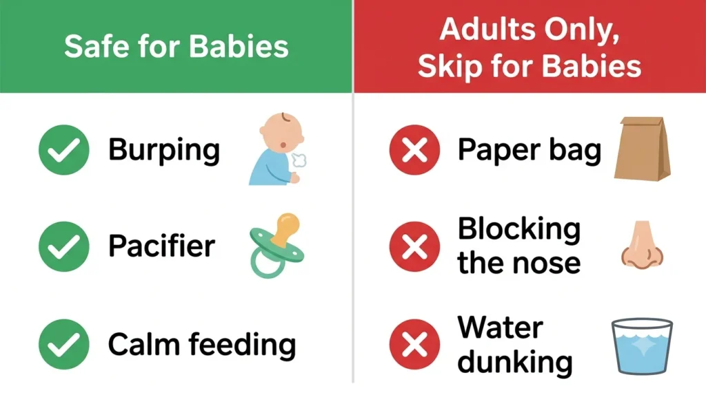 Comparison infographic showing hiccup remedies that are safe for babies, including burping, using a pacifier, and calm feeding, alongside adult remedies that should not be used on babies, such as paper bag breathing, blocking the nose, and water dunking.