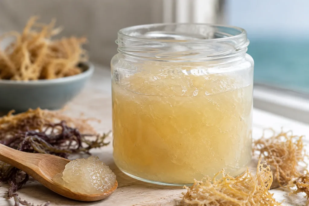 Glass jar of sea moss gel with a wooden spoon and raw dried sea moss beside it near a window