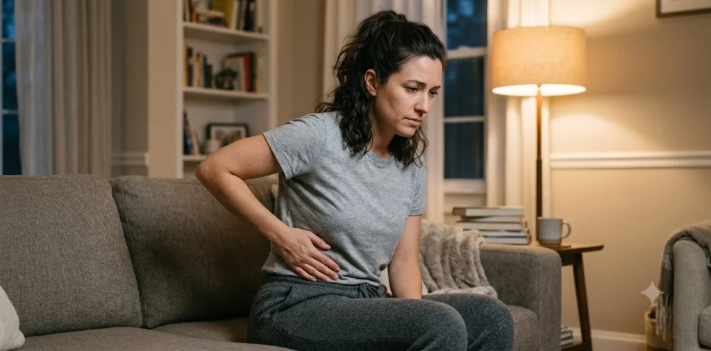 Person sitting on a couch pressing a hand gently against their right side below the rib cage, showing mild discomfort due to Sudden Sharp Pain