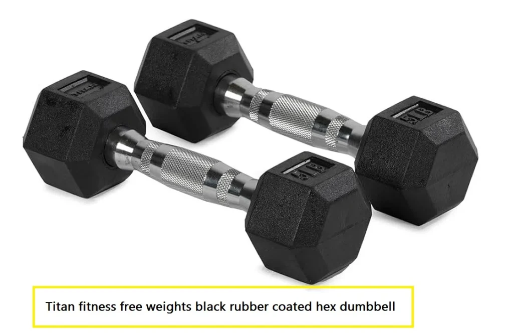 Two Titan Fitness black rubber coated hex dumbbells crossed on a white background, showing knurled chrome handles and embossed weight labels